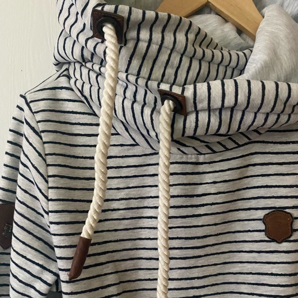 Naketano Navy and Gray striped Hoodie with leather and rope detailing -  Sz. M - Picture 2 of 9